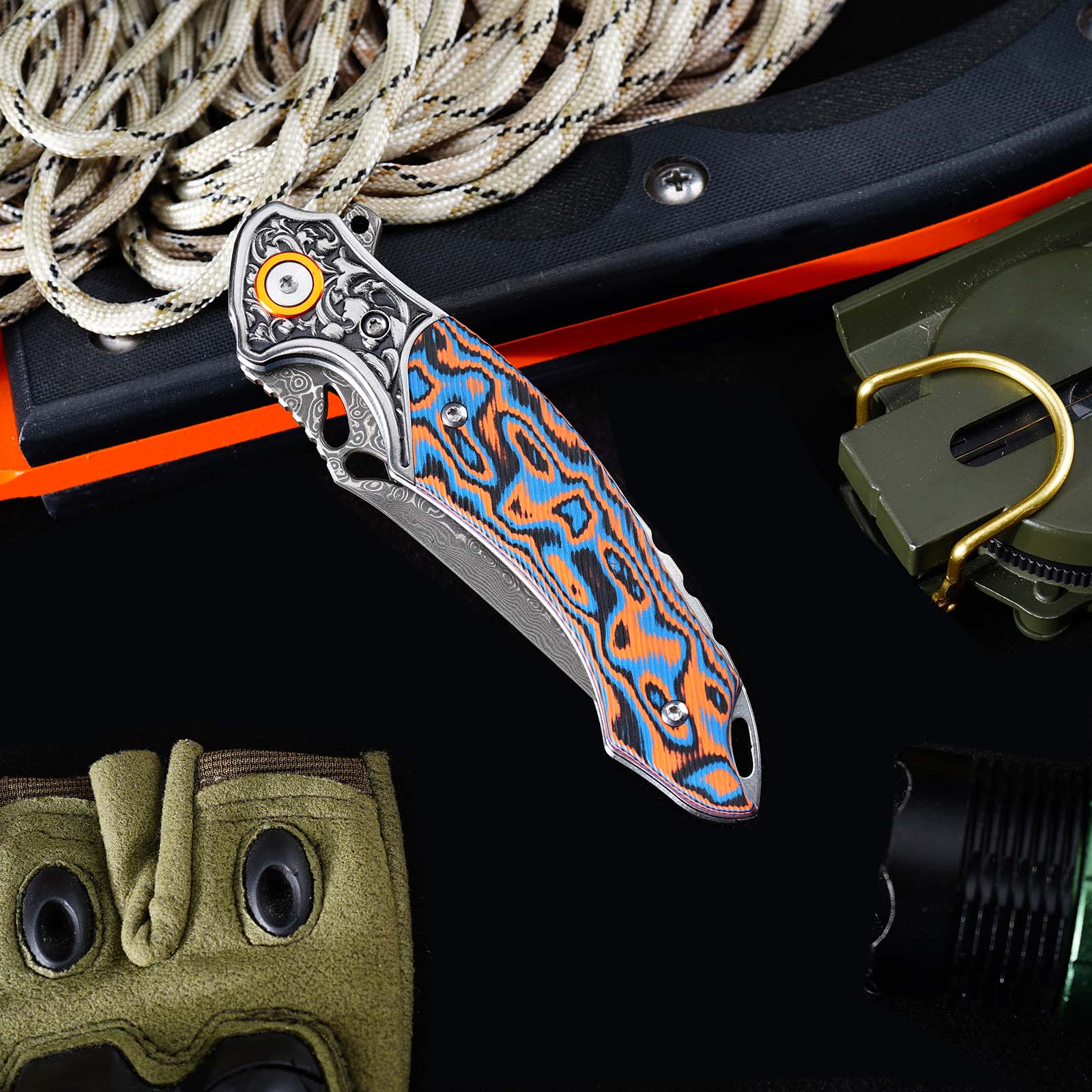 Tunafire Knives 3.27" Damascus Blade Orange Blue fiber Handle Tactical Survival Pocket Folding Knife GT-DM024