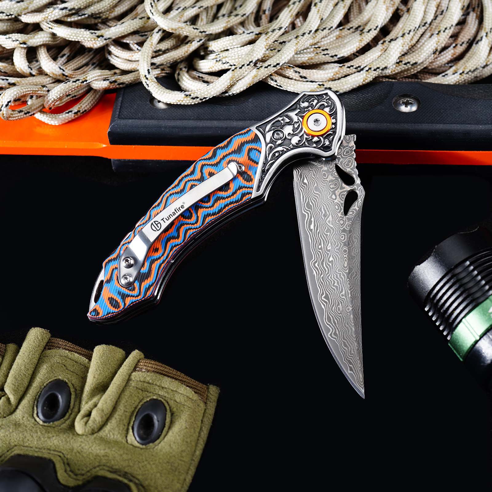 Tunafire Knives 3.27" Damascus Blade Orange Blue fiber Handle Tactical Survival Pocket Folding Knife GT-DM024