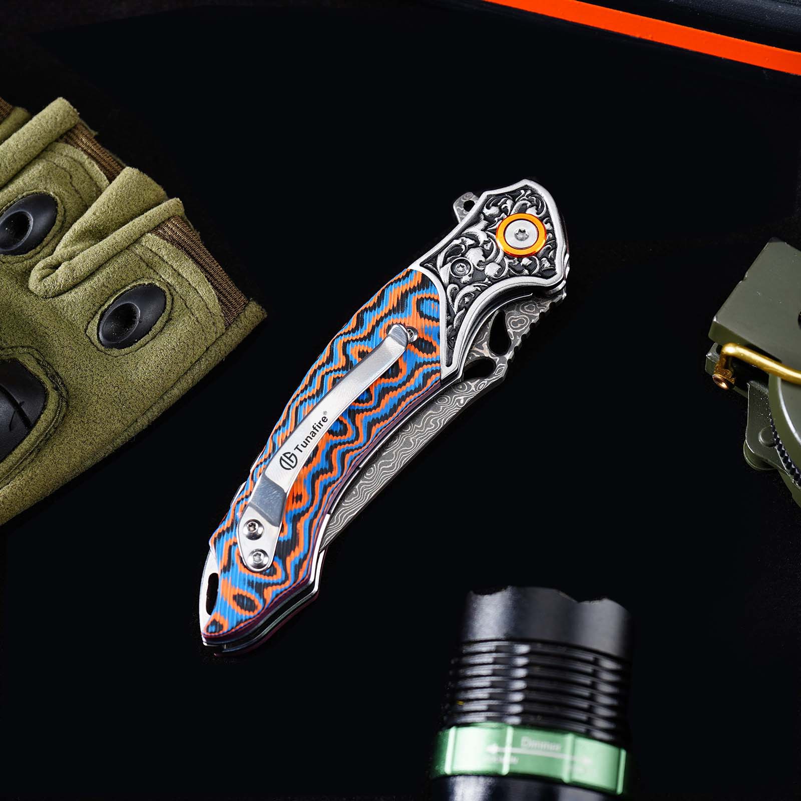 Tunafire Knives 3.27" Damascus Blade Orange Blue fiber Handle Tactical Survival Pocket Folding Knife GT-DM024
