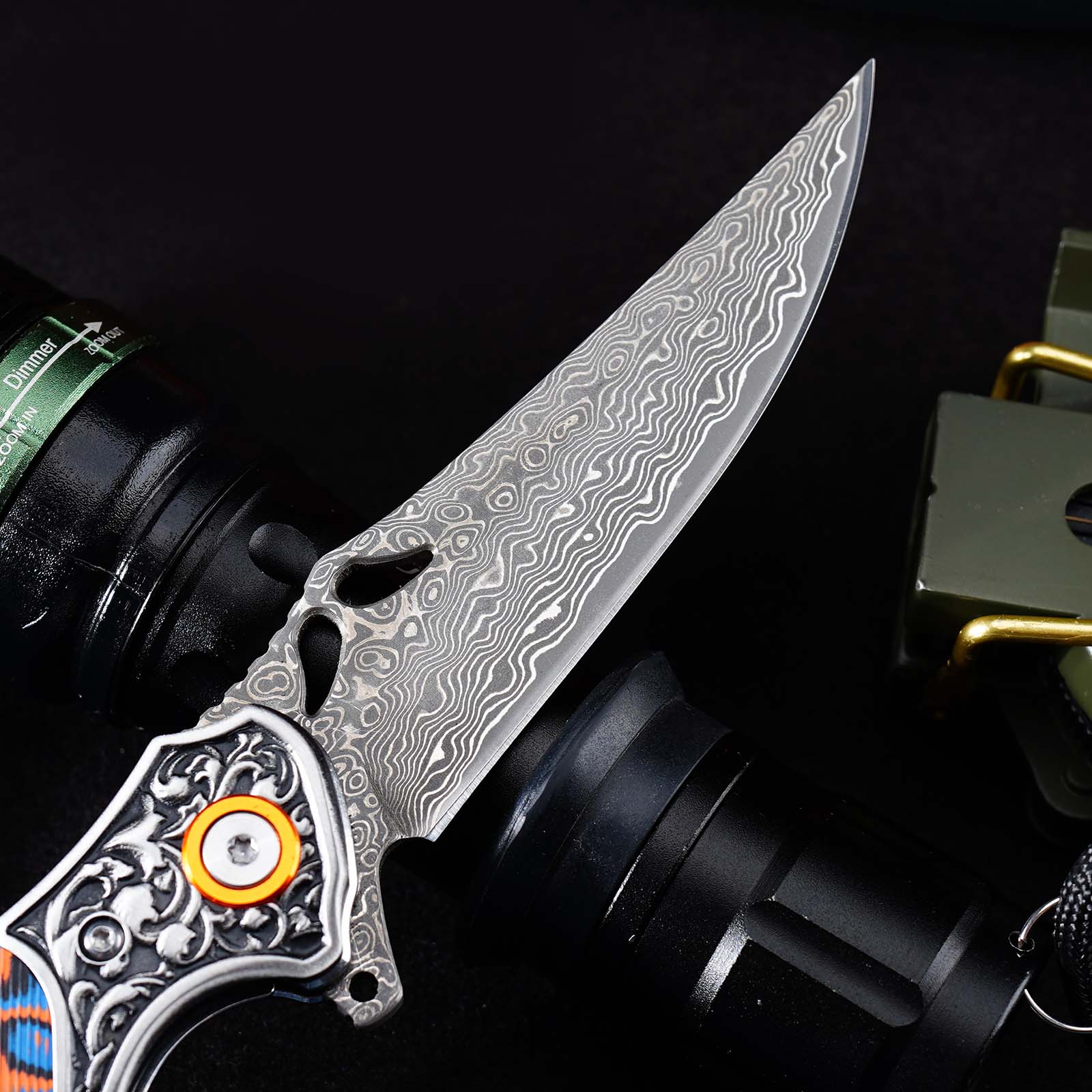 Tunafire Knives 3.27" Damascus Blade Orange Blue fiber Handle Tactical Survival Pocket Folding Knife GT-DM024
