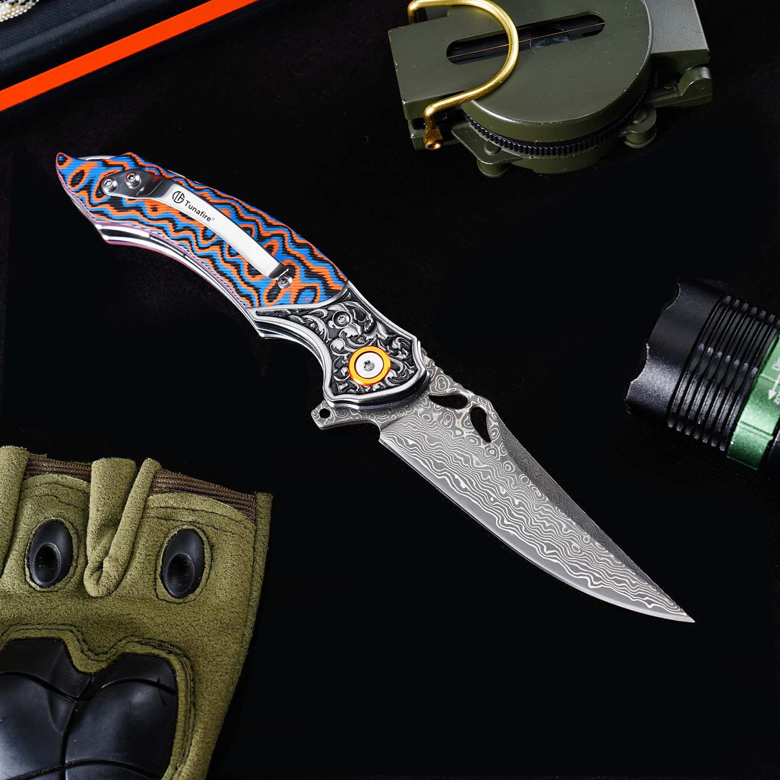 Tunafire Knives 3.27" Damascus Blade Orange Blue fiber Handle Tactical Survival Pocket Folding Knife GT-DM024