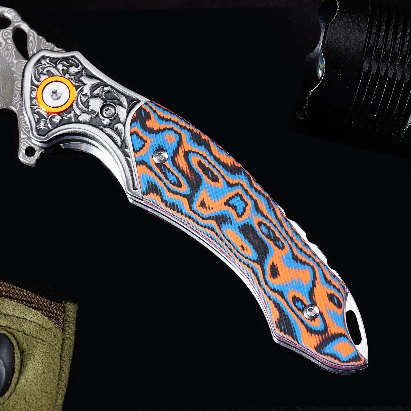 Tunafire Knives 3.27" Damascus Blade Orange Blue fiber Handle Tactical Survival Pocket Folding Knife GT-DM024