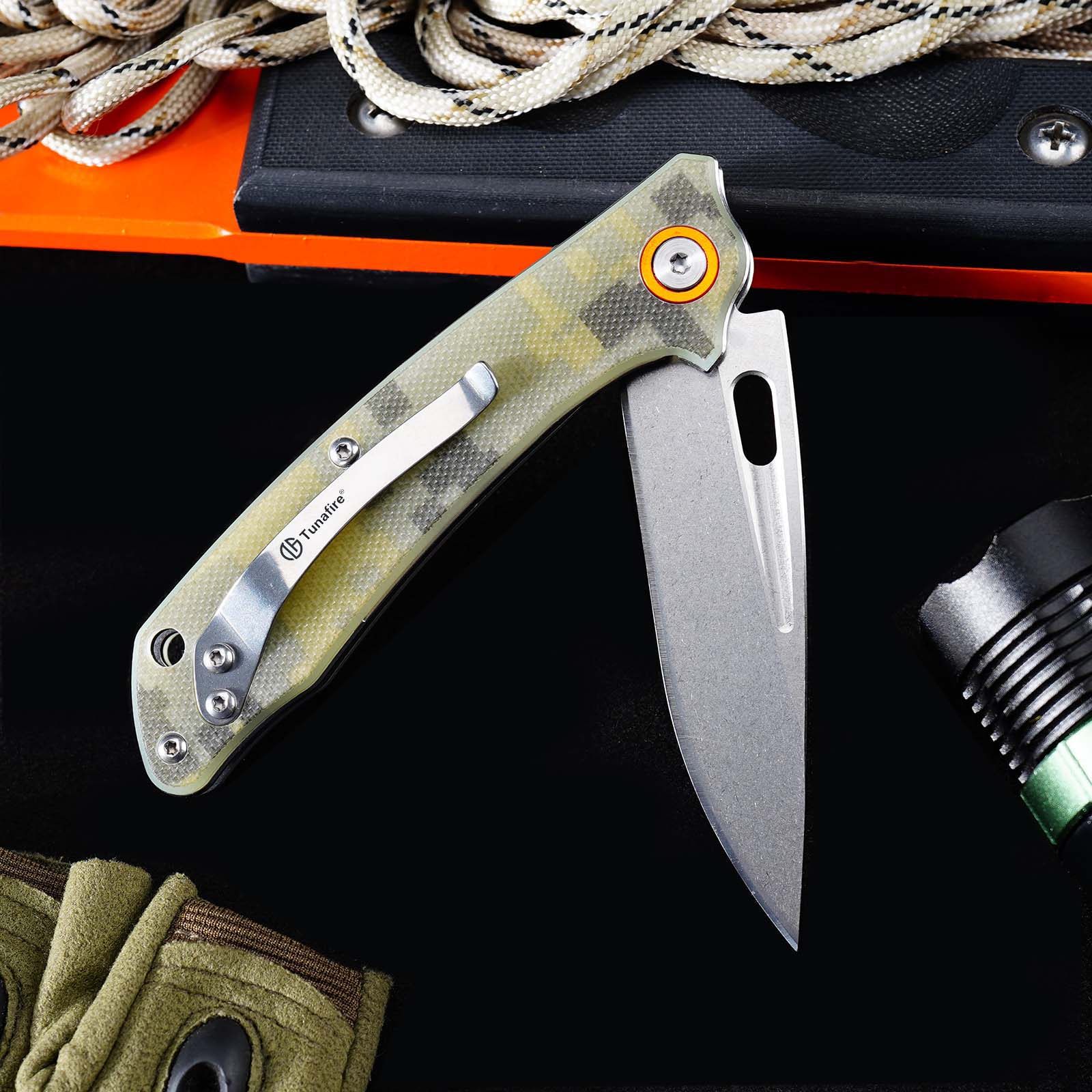 Tunafire Knife GT-T0057 Portable Stonewashed 8CR13MOV Folding Knife G10 Handle Outdoor EDC Tool