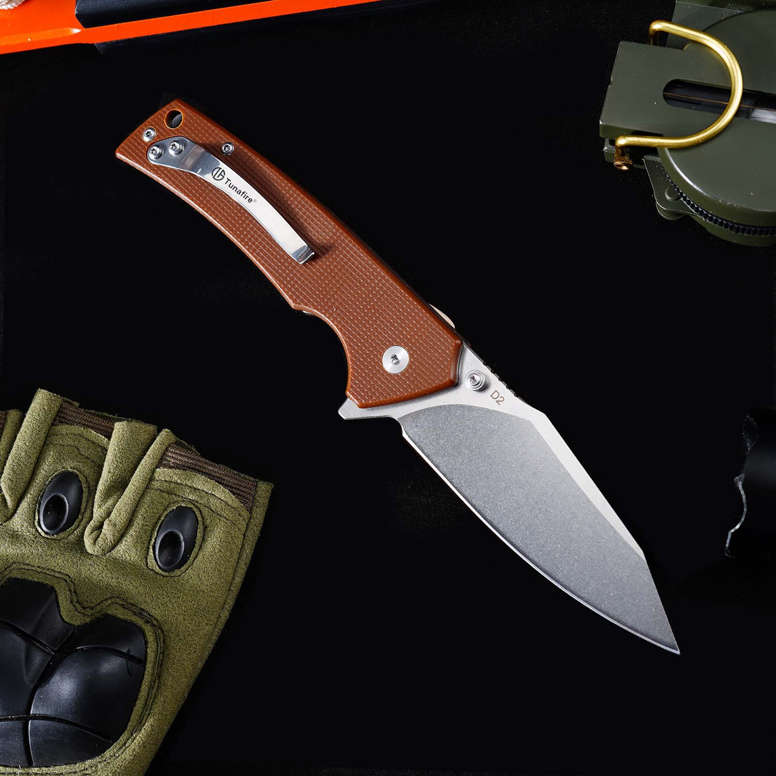 Tunafire GT-DM018 Folding Knife D2 Steel Blade G10 Handle Button Lock EDC Knife