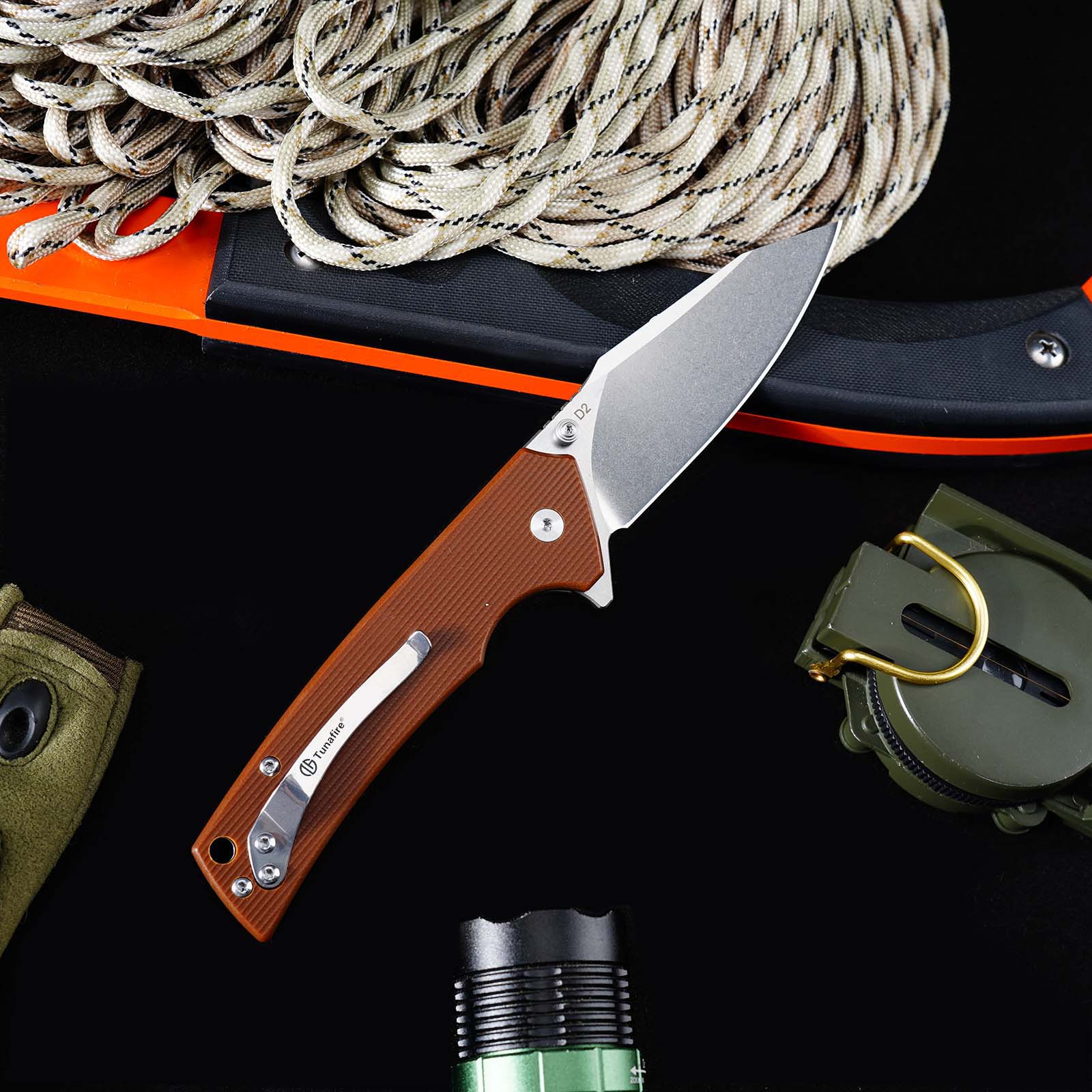 Tunafire GT-DM018 Folding Knife D2 Steel Blade G10 Handle Button Lock EDC Knife