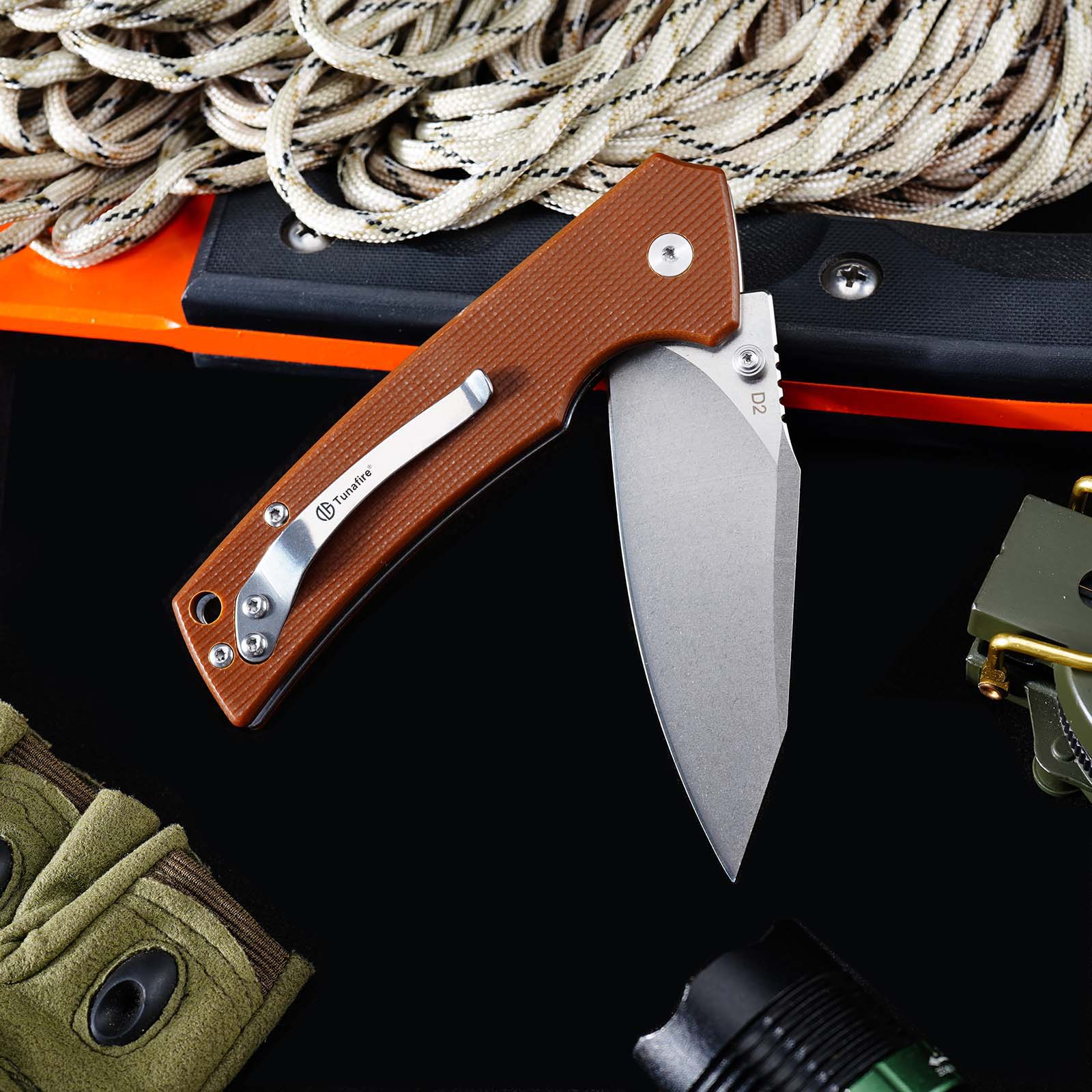 Tunafire GT-DM018 Folding Knife D2 Steel Blade G10 Handle Button Lock EDC Knife