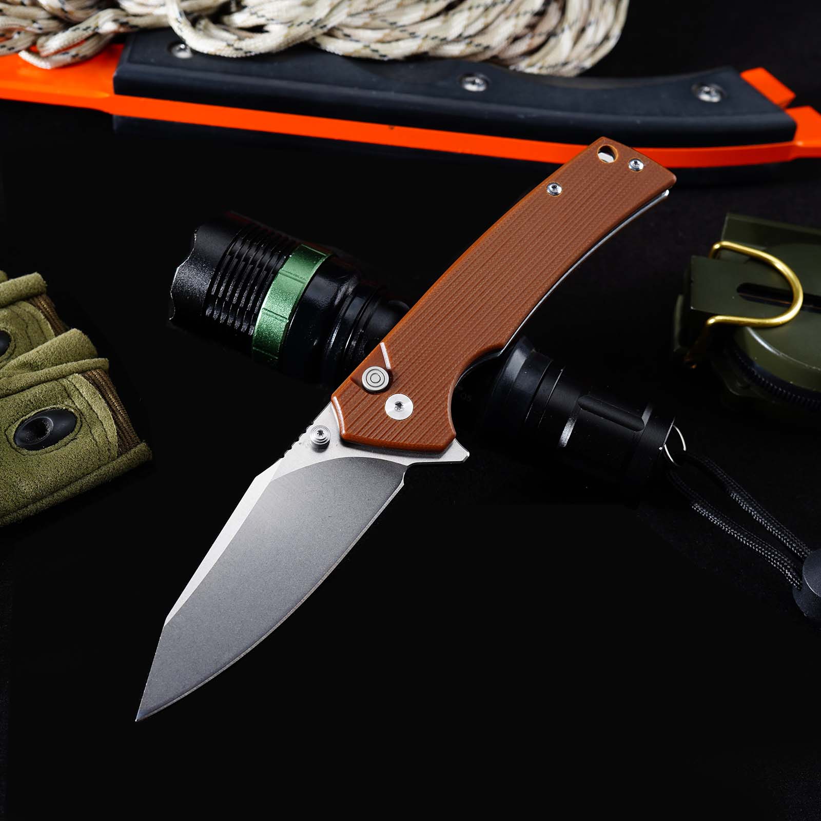 Tunafire GT-DM018 Folding Knife D2 Steel Blade G10 Handle Button Lock EDC Knife
