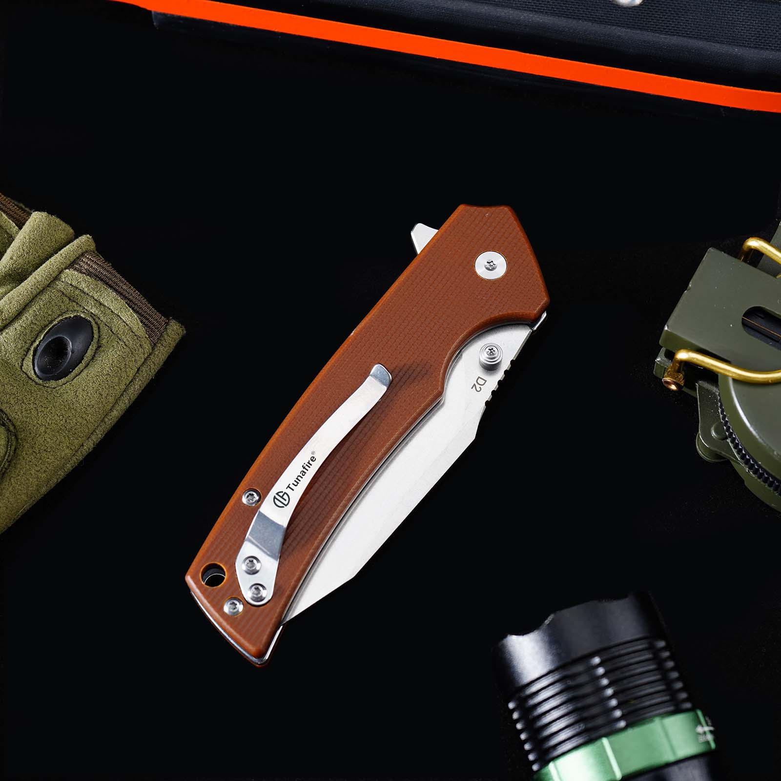 Tunafire GT-DM018 Folding Knife D2 Steel Blade G10 Handle Button Lock EDC Knife