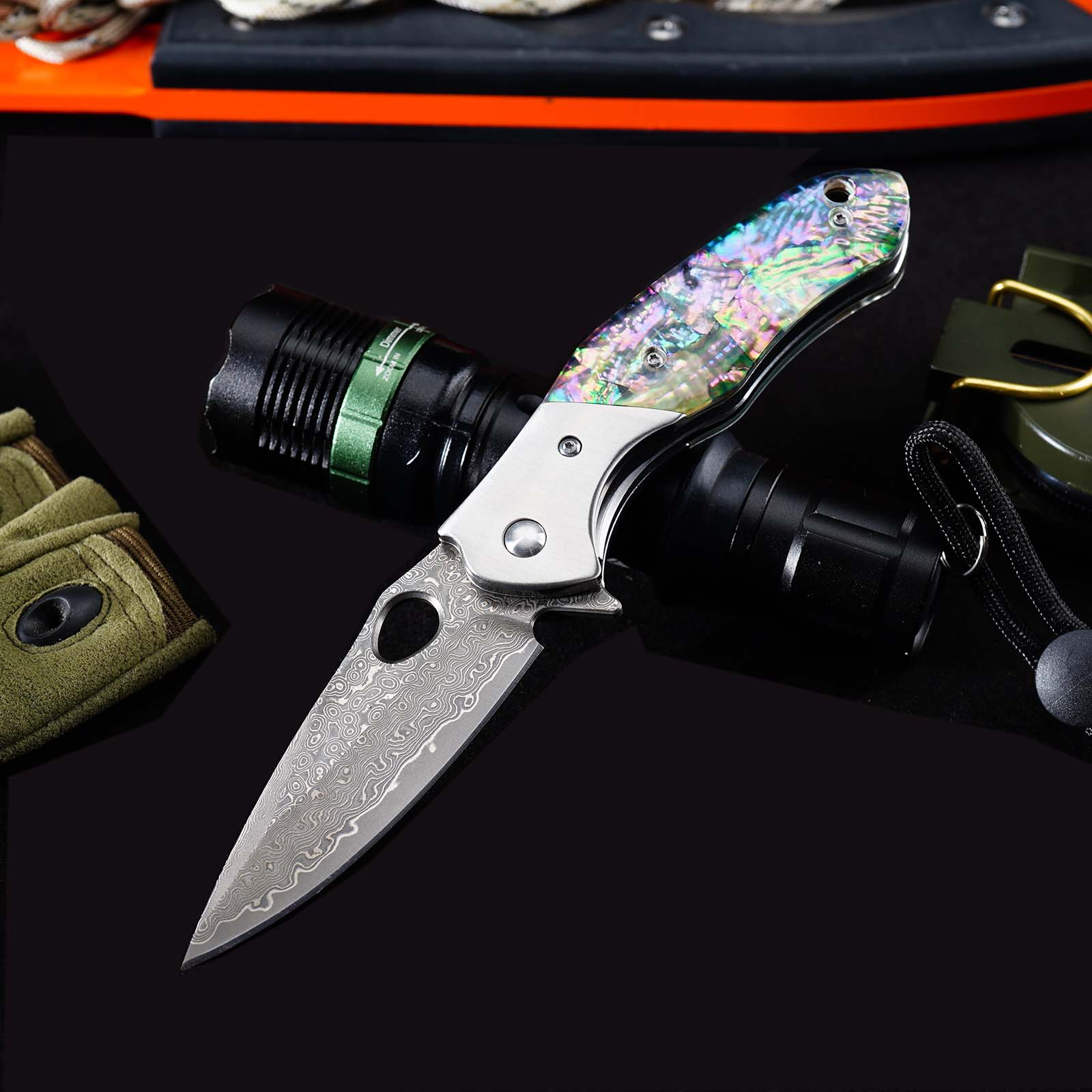 Tunafire Knife GT-BS305 Outdoor Folding Knife, VG10 Core 76 Layer Damascus Blade Colored Shell Handle EDC Knife