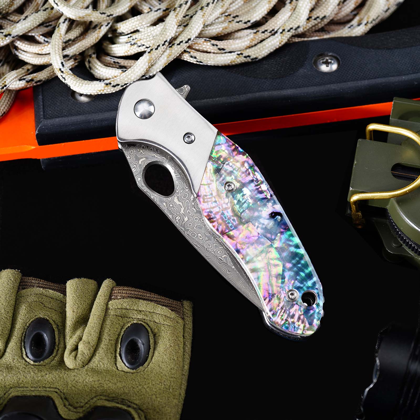 Tunafire Knife GT-BS305 Outdoor Folding Knife, VG10 Core 76 Layer Damascus Blade Colored Shell Handle EDC Knife