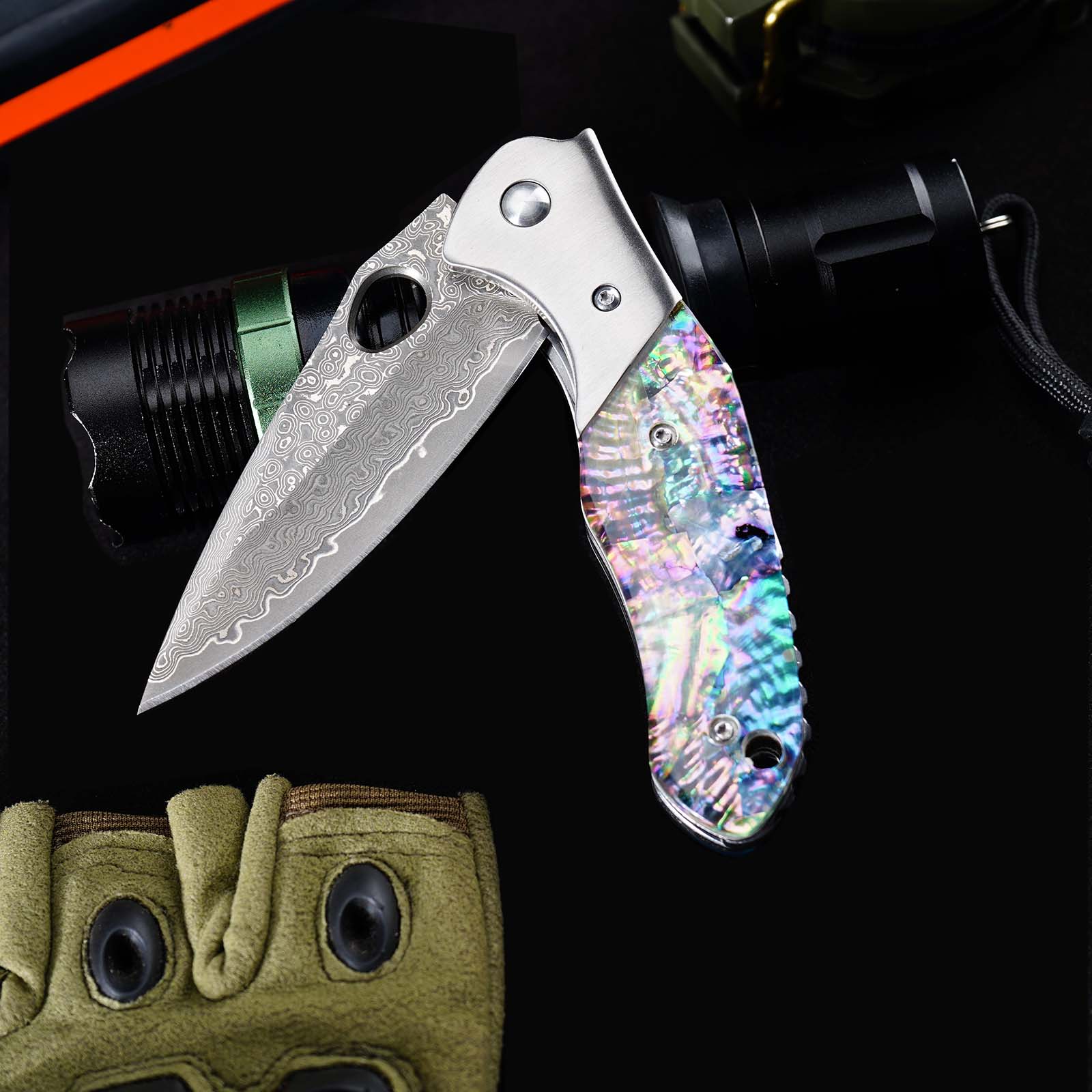 Tunafire Knife GT-BS305 Outdoor Folding Knife, VG10 Core 76 Layer Damascus Blade Colored Shell Handle EDC Knife