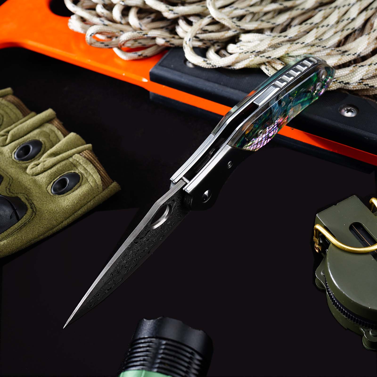 Tunafire Knife GT-BS305 Outdoor Folding Knife, VG10 Core 76 Layer Damascus Blade Colored Shell Handle EDC Knife
