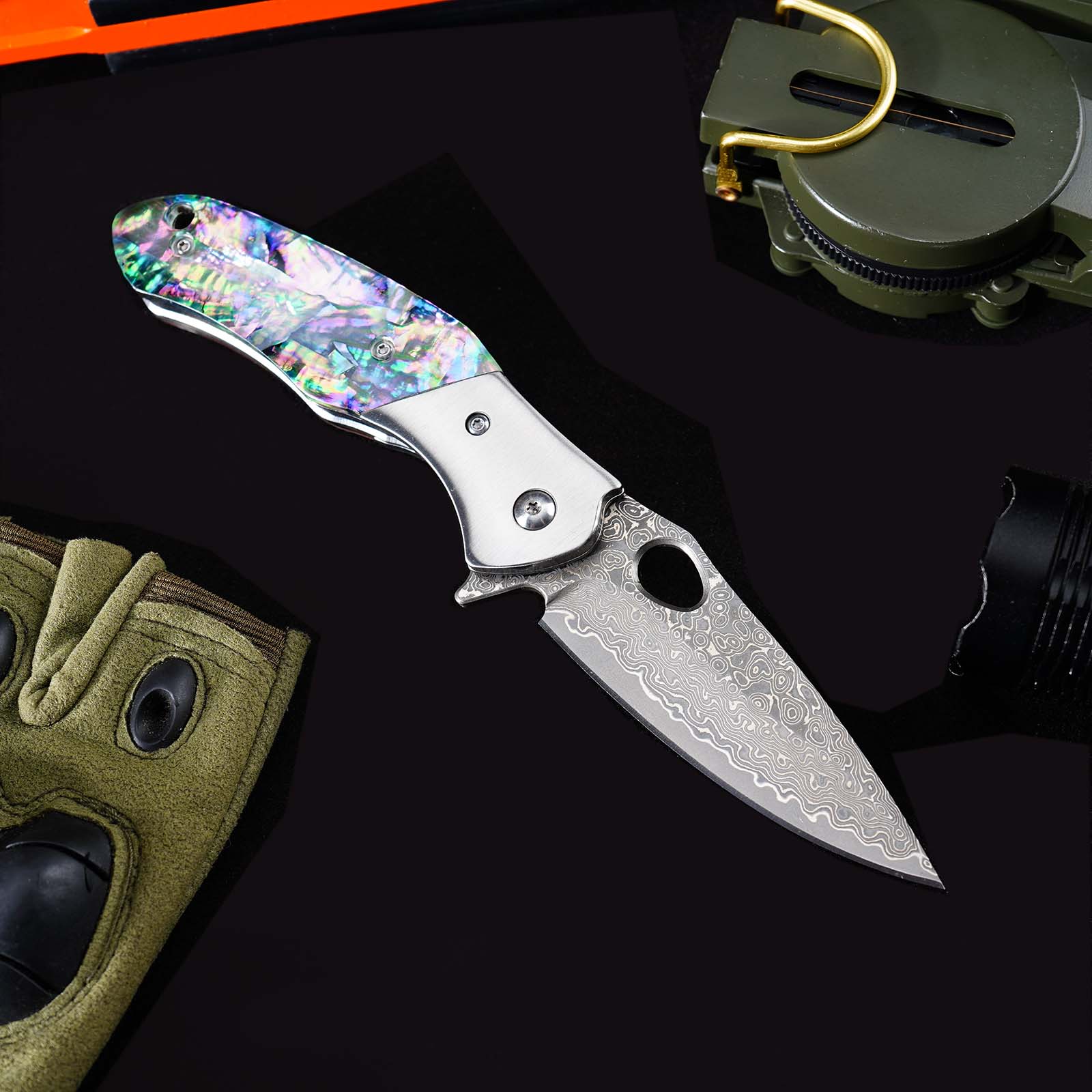 Tunafire Knife GT-BS305 Outdoor Folding Knife, VG10 Core 76 Layer Damascus Blade Colored Shell Handle EDC Knife