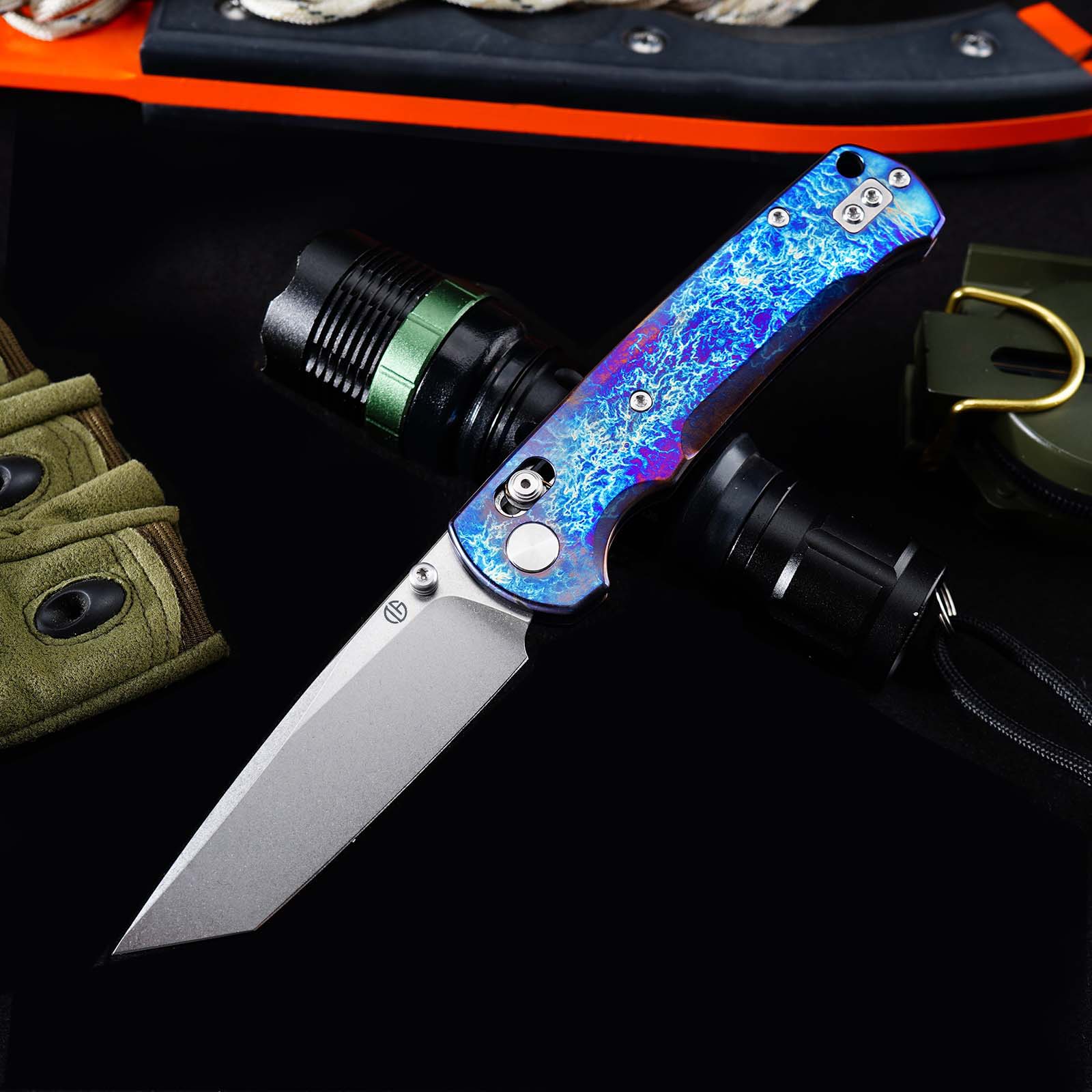 Tunafire Knife GT-T0039-1 VG-10 Steel Folding Knife, Puple Titanium Alloy Handle with Lightning Pattern, Ceramic Ball Bearing System EDC Pocket Knife
