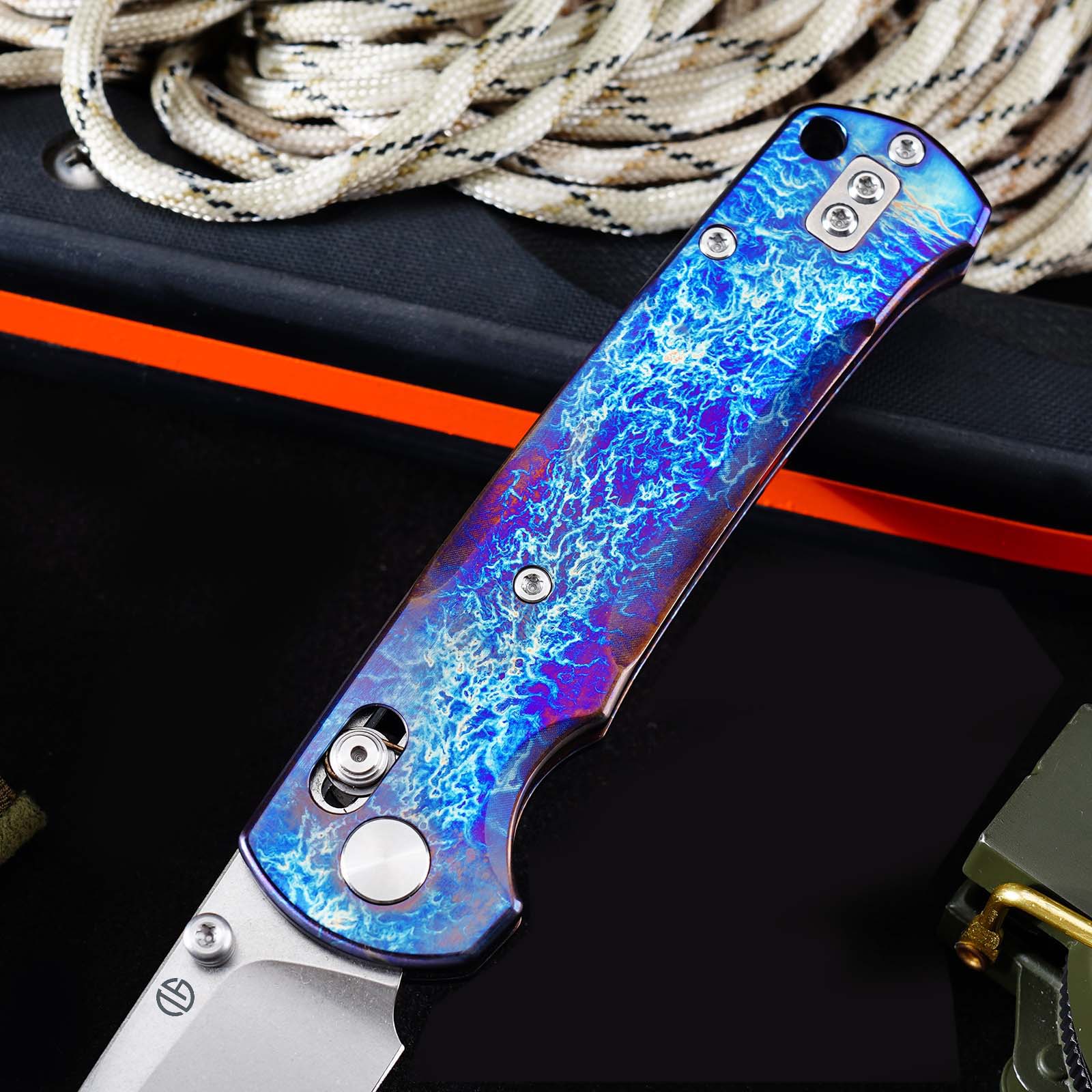 Tunafire Knife GT-T0039-1 VG-10 Steel Folding Knife, Puple Titanium Alloy Handle with Lightning Pattern, Ceramic Ball Bearing System EDC Pocket Knife
