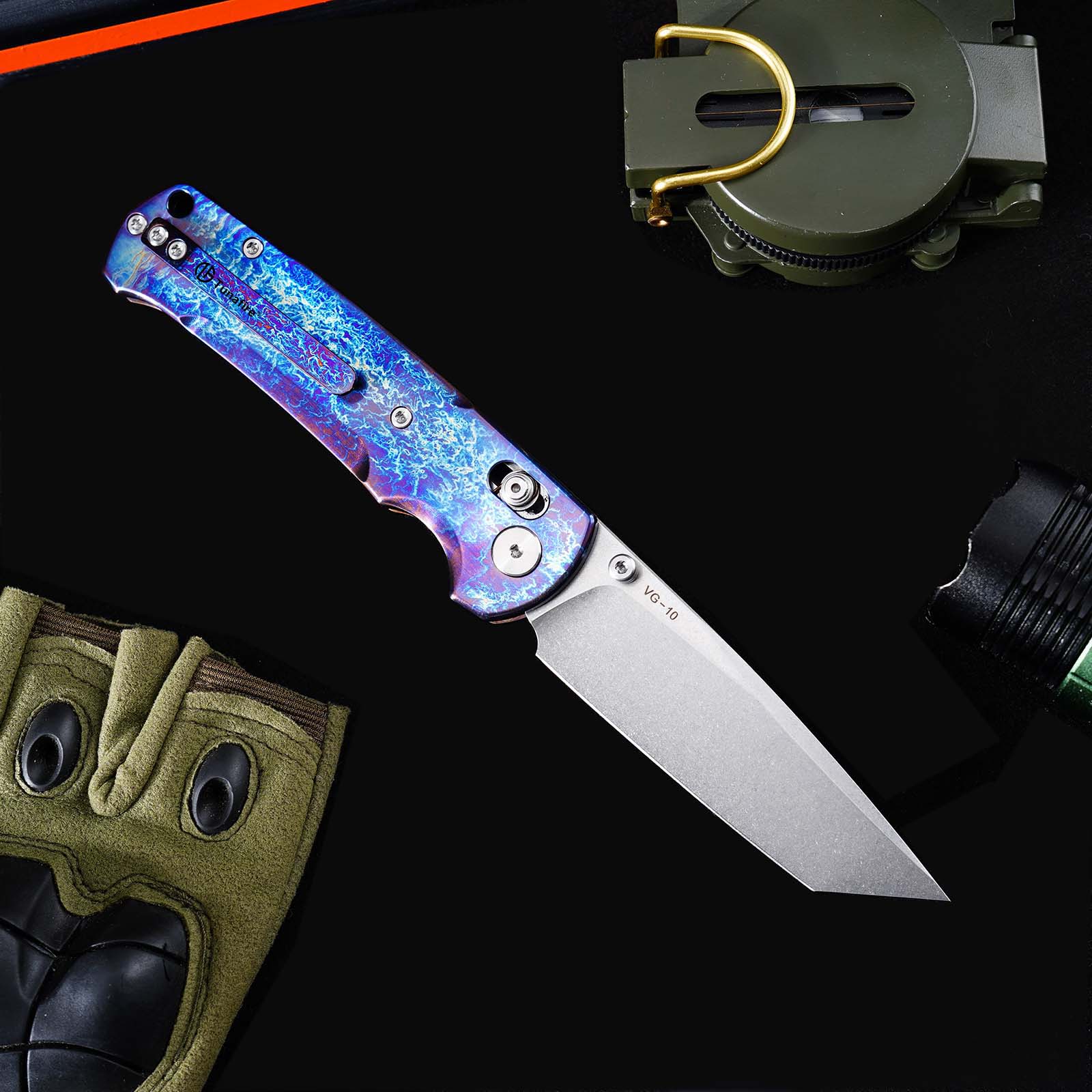 Tunafire Knife GT-T0039-1 VG-10 Steel Folding Knife, Puple Titanium Alloy Handle with Lightning Pattern, Ceramic Ball Bearing System EDC Pocket Knife