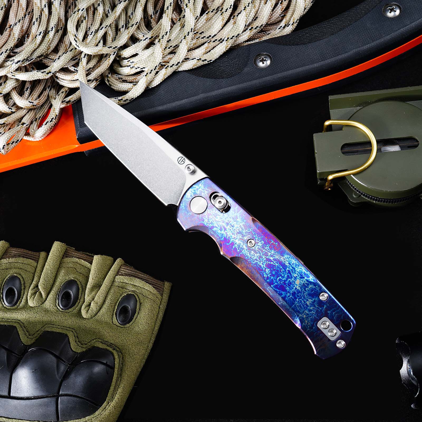 Tunafire Knife GT-T0039-1 VG-10 Steel Folding Knife, Puple Titanium Alloy Handle with Lightning Pattern, Ceramic Ball Bearing System EDC Pocket Knife