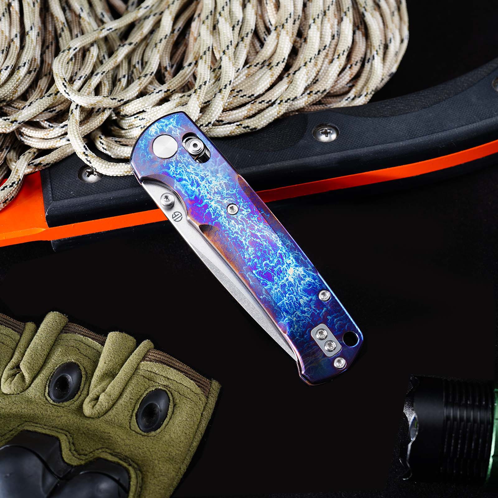 Tunafire Knife GT-T0039-1 VG-10 Steel Folding Knife, Puple Titanium Alloy Handle with Lightning Pattern, Ceramic Ball Bearing System EDC Pocket Knife