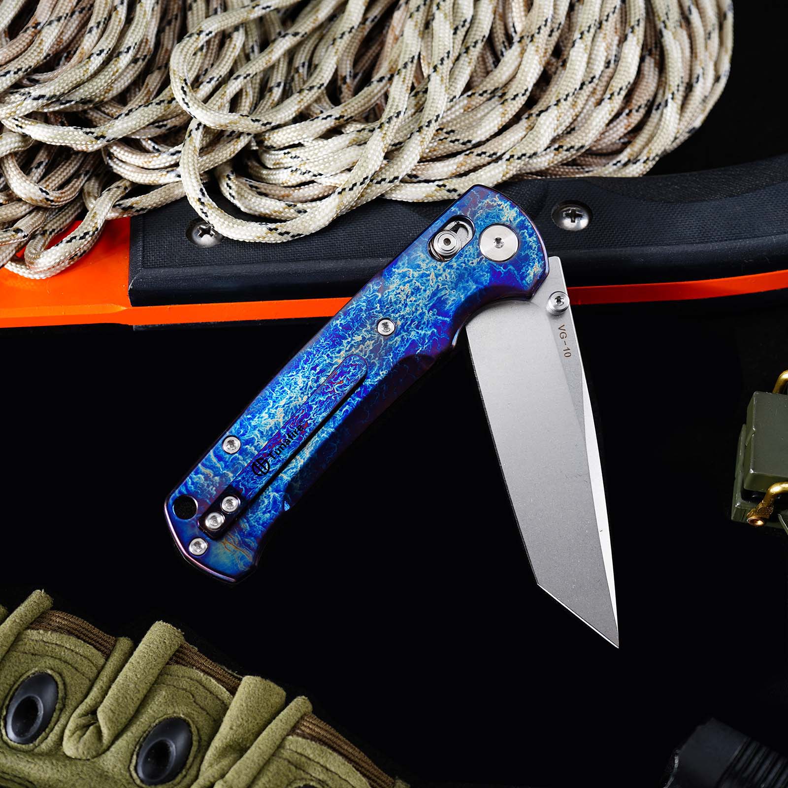 Tunafire Knife GT-T0039-1 VG-10 Steel Folding Knife, Puple Titanium Alloy Handle with Lightning Pattern, Ceramic Ball Bearing System EDC Pocket Knife