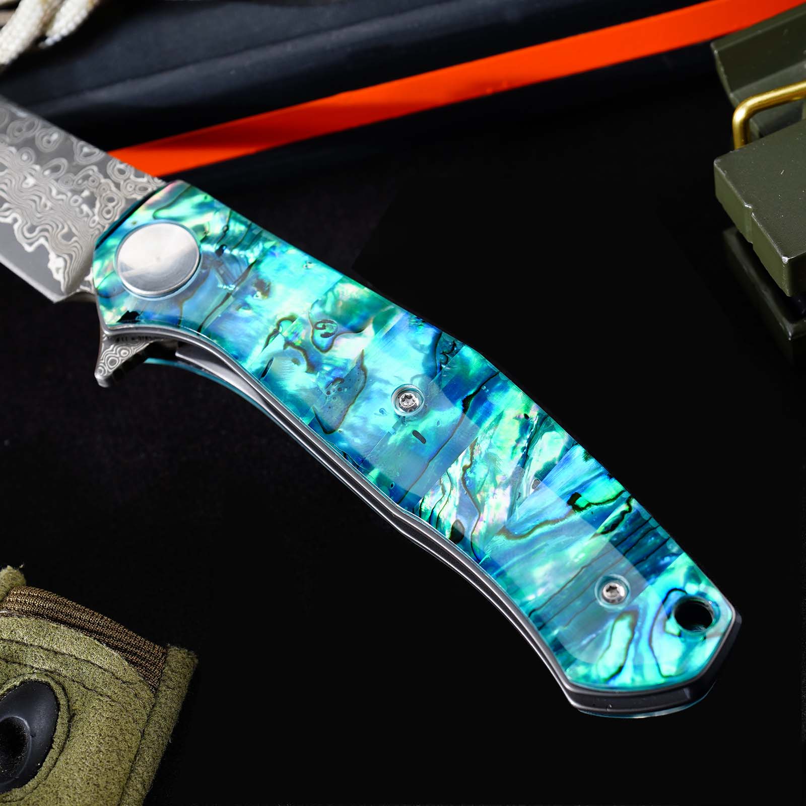 Tunafire Knife GT-K4020 VG10 Core 76 Layer Damascus Folding Knife, Colored Shell Handle Ball Bearing Pocket Knife