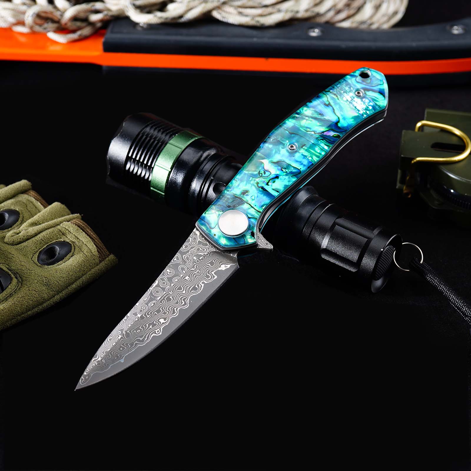 Tunafire Knife GT-K4020 VG10 Core 76 Layer Damascus Folding Knife, Colored Shell Handle Ball Bearing Pocket Knife