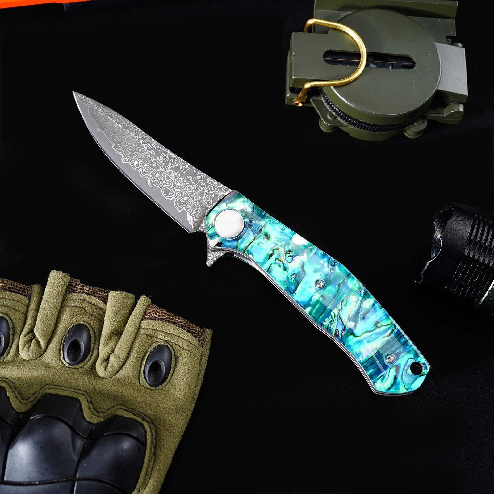Tunafire Knife GT-K4020 VG10 Core 76 Layer Damascus Folding Knife, Colored Shell Handle Ball Bearing Pocket Knife