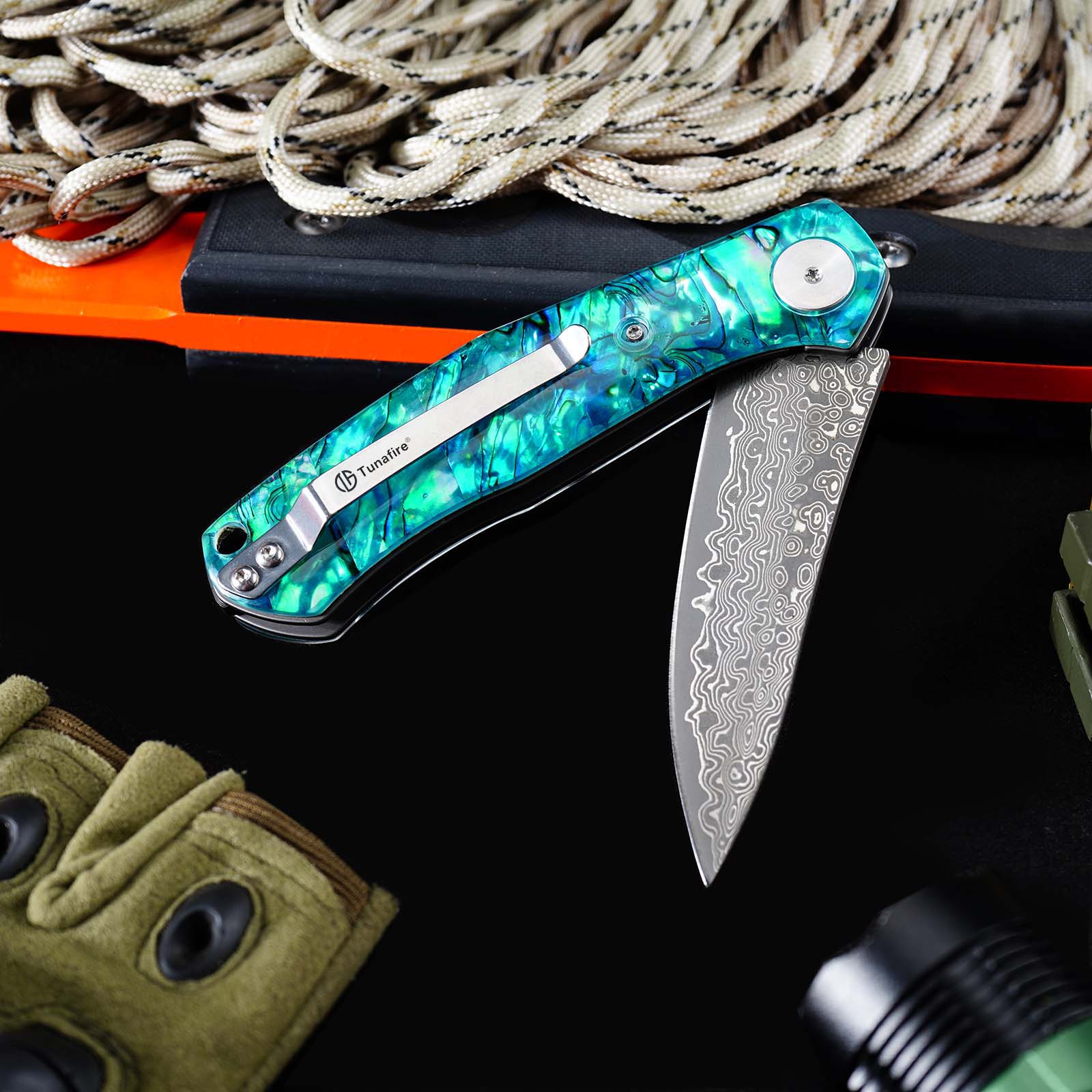 Tunafire Knife GT-K4020 VG10 Core 76 Layer Damascus Folding Knife, Colored Shell Handle Ball Bearing Pocket Knife