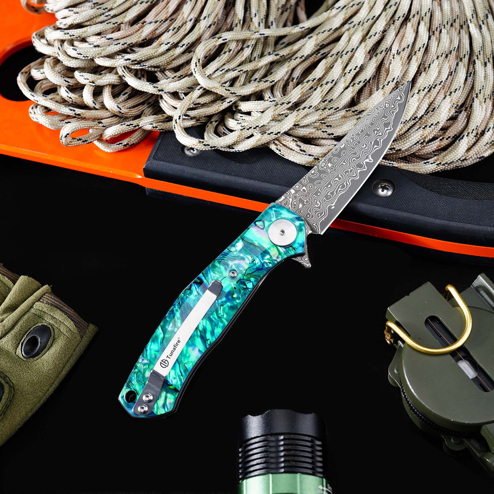 Tunafire Knife GT-K4020 VG10 Core 76 Layer Damascus Folding Knife, Colored Shell Handle Ball Bearing Pocket Knife