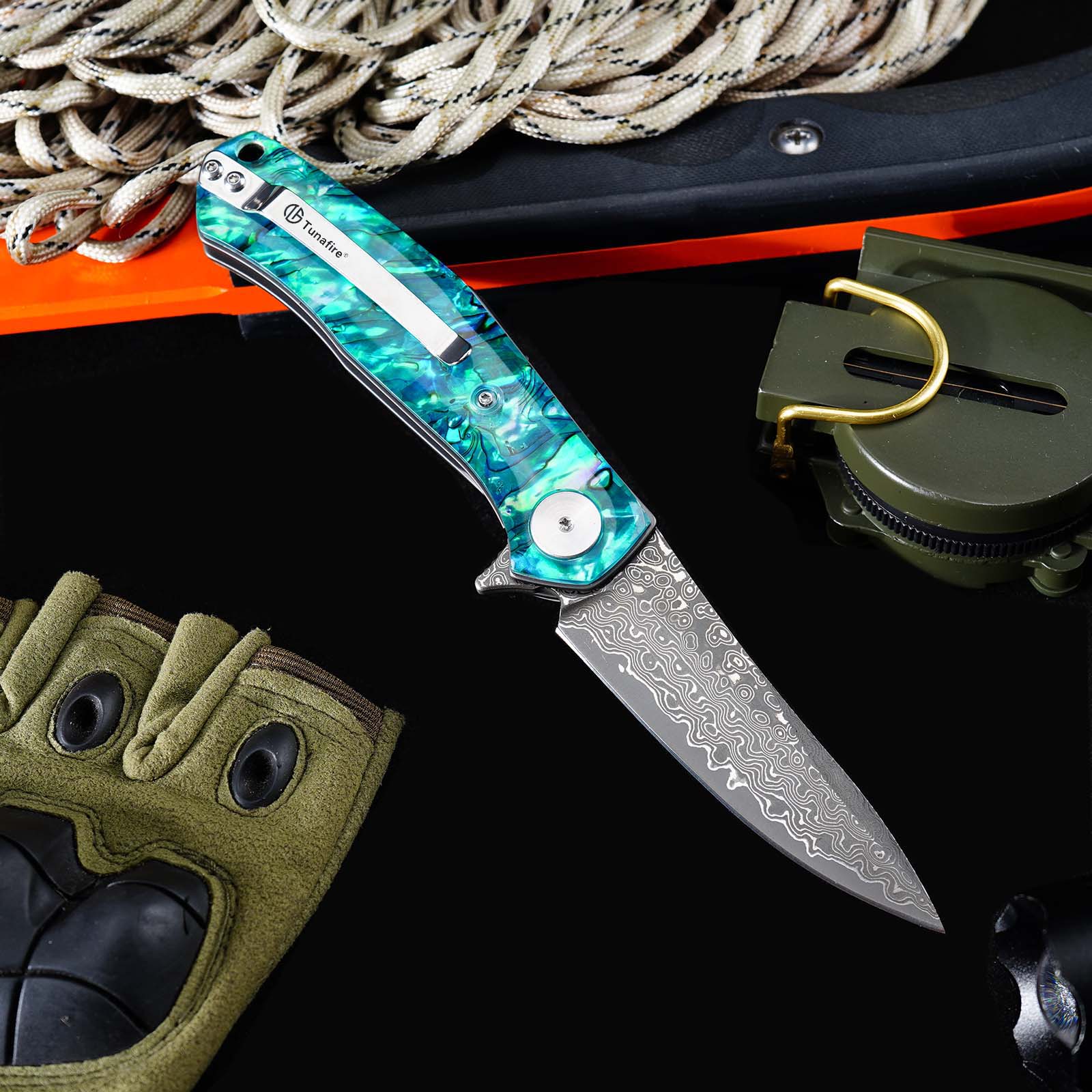 Tunafire Knife GT-K4020 VG10 Core 76 Layer Damascus Folding Knife, Colored Shell Handle Ball Bearing Pocket Knife