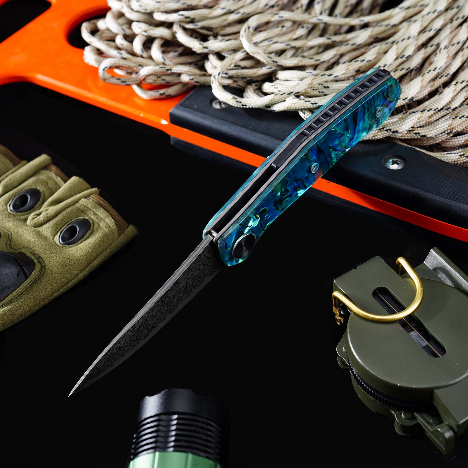 Tunafire Knife GT-K4020 VG10 Core 76 Layer Damascus Folding Knife, Colored Shell Handle Ball Bearing Pocket Knife