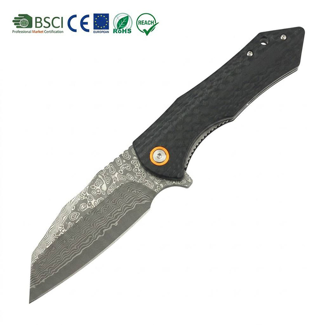 GT-DM020 Damascus Folding Knife Carbon Fiber G10 Handle Smooth Ball Bearing Flip, 59-60HRC Super Sharp Blade, 125g Lightweight EDC Pocket Knife With Black Gift Box For Outdoor & Collection