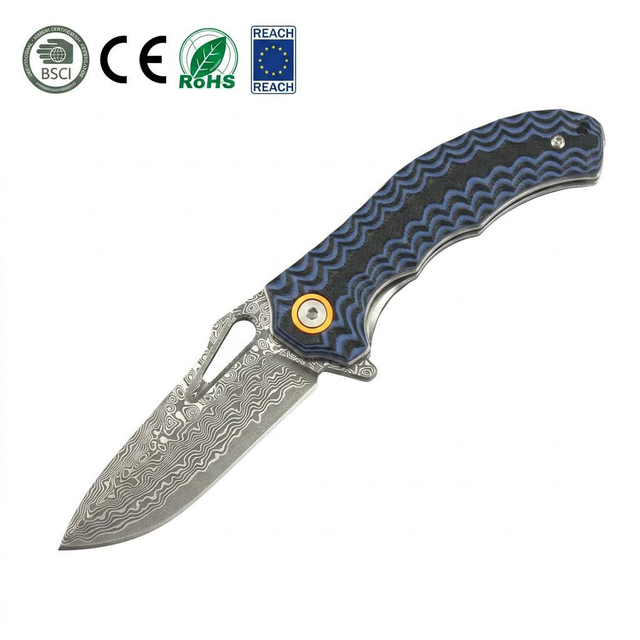 GT-DM021 compact Damascus folding knife with stylish two-tone G10 handle, smooth ball bearing pivot & 59-60HRC sharp blade. 110g lightweight mini EDC knife for daily carry, camping & collection, retail black gift box included.