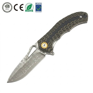 GT-DM021 compact Damascus folding knife with stylish two-tone G10 handle, smooth ball bearing pivot &amp; 59-60HRC sharp blade. 110g lightweight mini EDC knife for daily carry, camping &amp; collection, retail black gift box included.