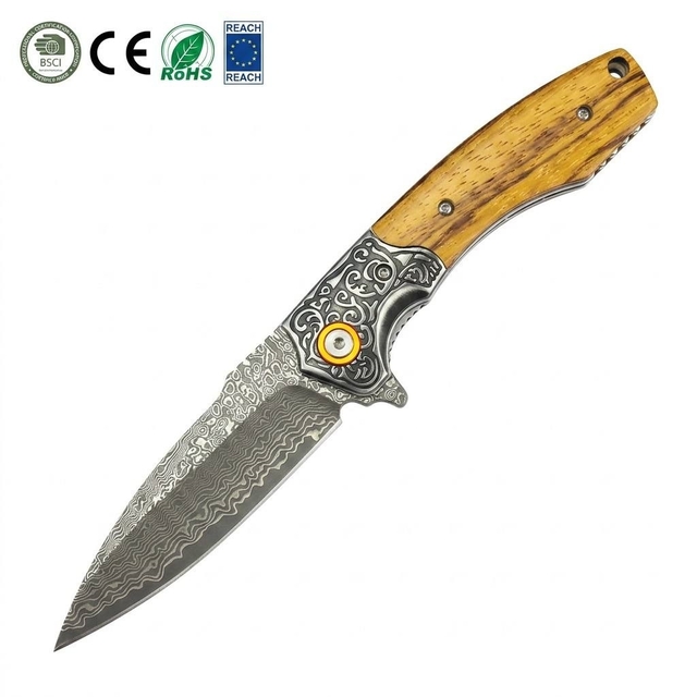 Tunafire GT-DM023 Folding Knife 3.39”Damascus steel Blade Zebra wood Handle  Flipper Knife Outdoor Survival Tool