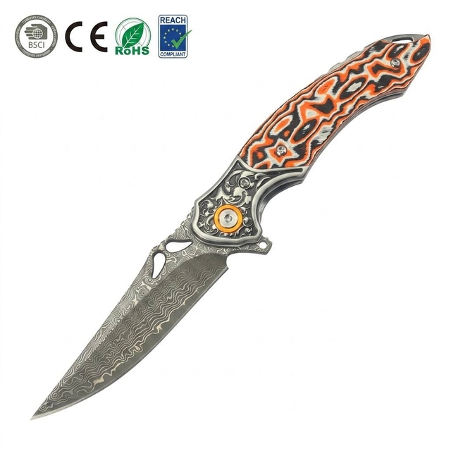 Portable EDC Hardware Tool GT-DM024 Damascus Steel Pocket Knife Fiber Board Handle Smooth Ball Bearing Flipper Knife