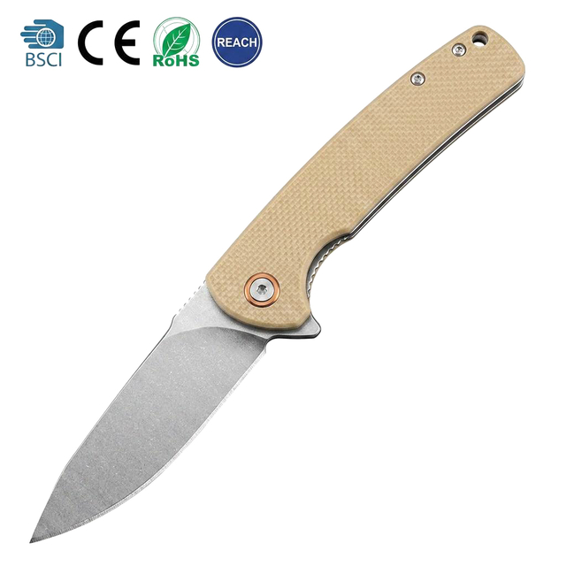 GT-T0067 folding knife features D2 steel blade with stonewash finish, G10 handle and ball bearing pivot. Compact lightweight EDC pocket knife for camping, outdoor daily carry.