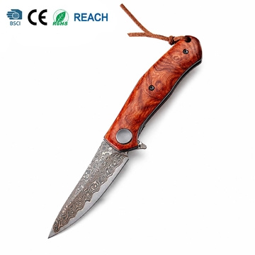 Tunafire GT‑K4020‑3 Folding Knife, Brass Damascus VG10 Steel Core, Yellow Sandalwood Handle, Ball Bearing EDC Pocket Knife