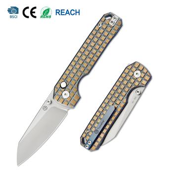 Tunafire knife GT-T0070-6  | 2.95"Stone Wash VG10 Blade  | Khaki Titanium Alloy Handle  | Button Liner Lock | Tunafireknives