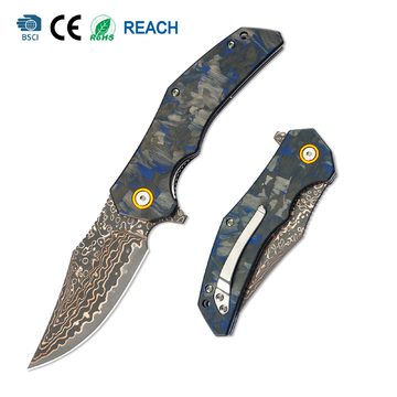 Tunafire Knife GT-DM052-1 Blue Carbon fiber Handle Flipper Knife VG10 steel core Yellow brass Damascus steel pattern Blade Camping Pocket Knives