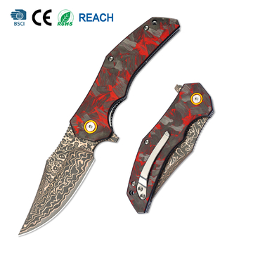 Tunafire Knife GT-DM052-1 Red Carbon fiber Handle Flipper Knife VG10 steel core Yellow brass Damascus steel pattern Blade Camping Hunting Knives