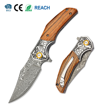 Tunafire GT-DM052 Damascus Steel Folding Knife, Zebra Wood Handle With Carved Steel Bolster Portable EDC Pocket Knife Outdoor Survival Tool