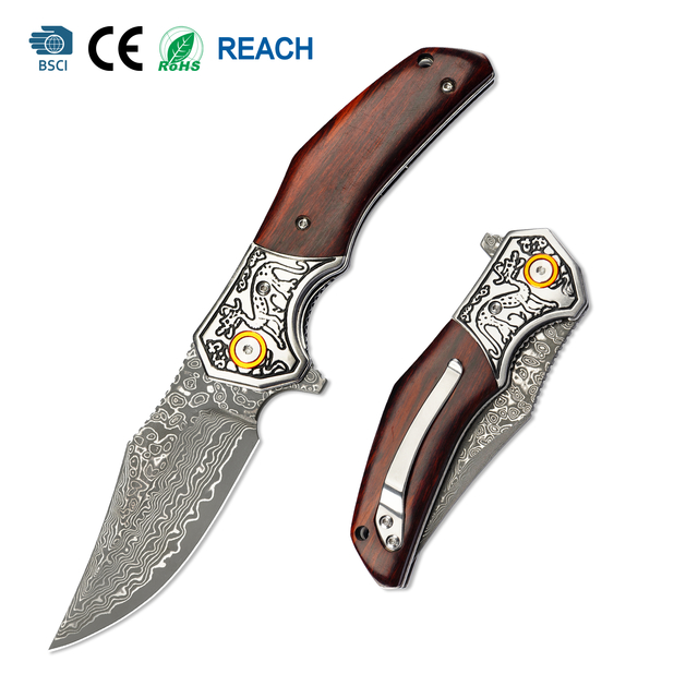 Tunafire Knife Damascus blade Wood Handle Ball Bearing Flipper knife Durable defense Cutter Tool