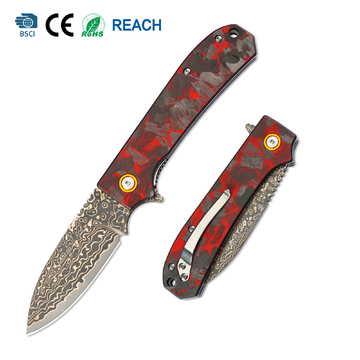 Tunafire Knife GT-DM044-2 VG10 Core Copper Damascus Folding Knife Red Carbon Fiber Handle 58-59HRC Ball Bearing EDC Pocket Knife