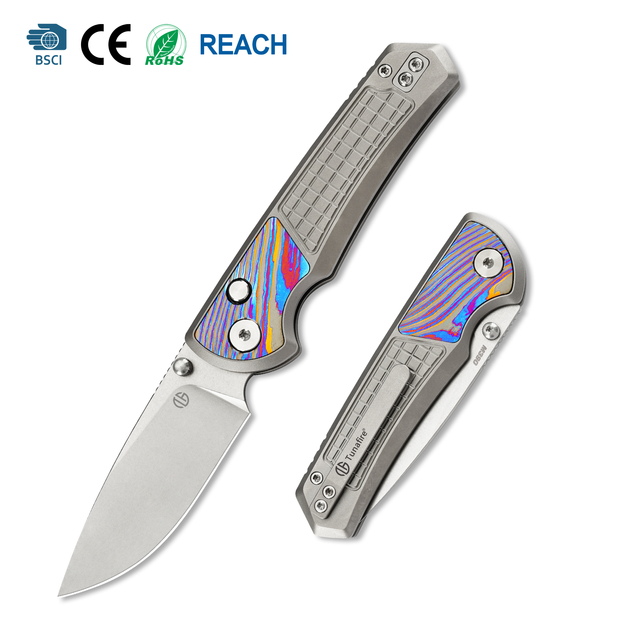Tunafire GT-T0082 Knives|  3.15''|M390 Button Lock Folding Knife, Titanium Handle with Zirconium Inlay, Stonewashed Pocket Knife for EDC
