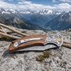 GT-DM052 Damascus Blade Pocket Knife, Carved Steel Head Zebra Wood Handle Outdoor Portable Folding Knife GT-DM052 Damascus Blade Pocket Knife, Carved Steel Head Zebra Wood Handle Outdoor Portable Folding Knife