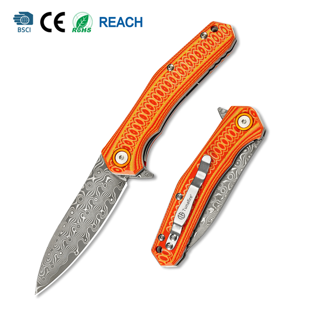 GT-DM055 Damascus folding knife with colorful G10 handle, 58-60HRC sharp hardness, lightweight 87g portable EDC pocket knife for daily carry, camping & outdoor use, comes with gift black box.