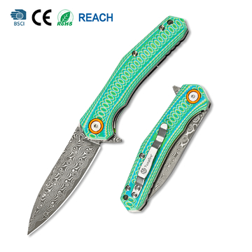 GT-DM055 Damascus folding knife with colorful G10 handle, 58-60HRC sharp hardness, lightweight 87g portable EDC pocket knife for daily carry, camping &amp; outdoor use, comes with gift black box.