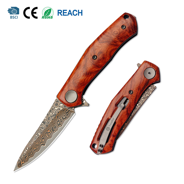 GT‑K4020‑3 Folding Pocket Knife, Brass Damascus Pattern Blade with VG10 Steel Core 58‑59HRC, Yellow Sandalwood Handle, Ball Bearing Opening, Lightweight Collectible EDC Knife with Black Gift Box