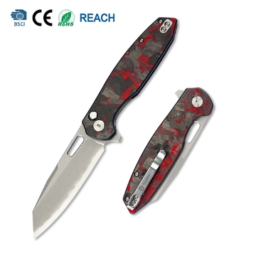 Tunafire GT-T0044-6 Button Lock Folding Knife 60HRC Triple steel Blade Red Carbon fiber Handle EDC Tools