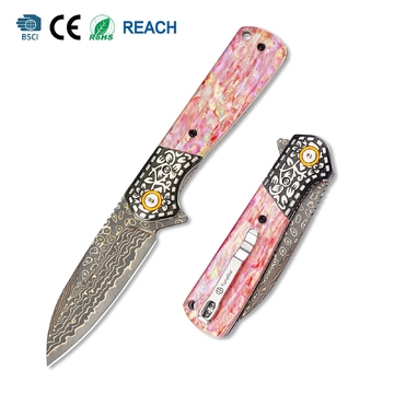 VG10 Damascus Bronze Pocket Knife GT-DM049 |3.31" Blade 58-59HRC |Collectible Everyday Carry Knife
